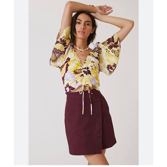 Maeve Anthropologie cinched yellow floral flutter  sleeve tie top - Picture 1 of 12